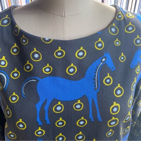 EUC MARIMEKKO Blue and Yellow Horse print Dress Size 36 - Picture 2 of 9